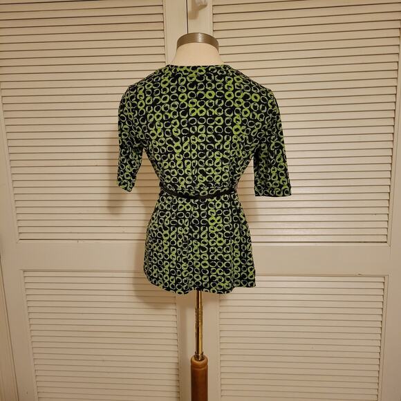 Y2K Surplice Belted Top Green Geometric Print APT.9 Petite Medium Stretchy - Picture 4 of 8